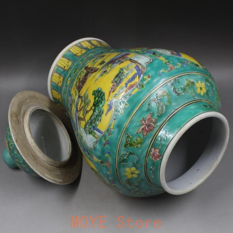 緑地パステル人物松鶴将軍缶 景徳鎮 陶磁器 装飾品 現代工芸品 美術品