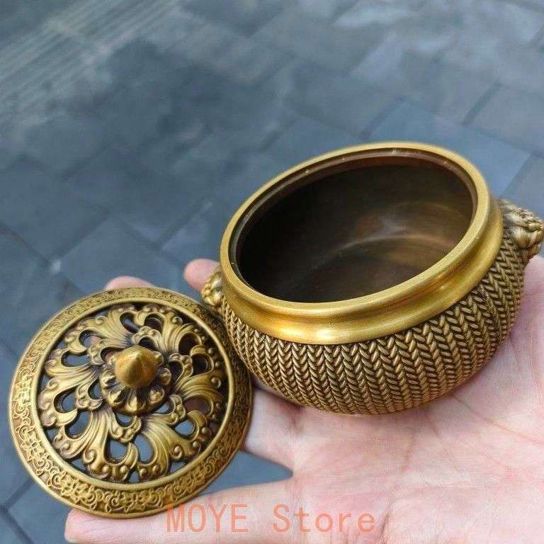 銅製 香炉 編み獅耳平底炉 香篆炉 香薫炉 香道具 装飾品 工芸品 置物