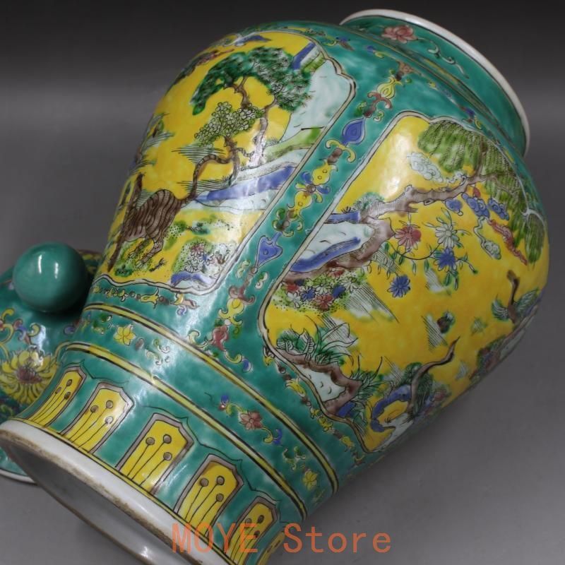 清康熙緑地粉彩人物松鶴将軍缶 景徳鎮 陶磁器 装飾品 現代工芸品 美術品 置物 緑地パステル人物松鶴将軍缶 景徳鎮 陶磁器 装飾品 現代工芸品 美術品