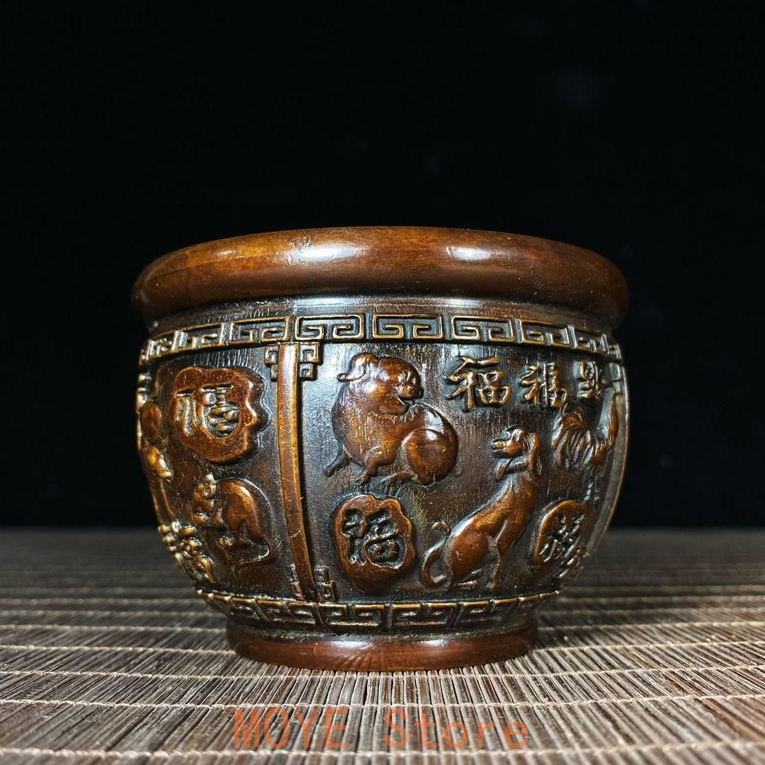 銅 細工 浮彫り十二支福字壺 香炉 焼香炉 開運 風水 招財 置物 工芸品