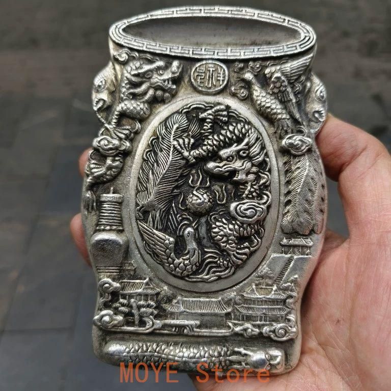 銅器 龍鳳呈祥竹形硯台 文房四宝 書道具 文房具 現代工芸品 美術品