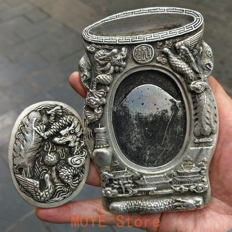 銅器 龍鳳呈祥竹形硯台 文房四宝 書道具 文房具 現代工芸品 美術品