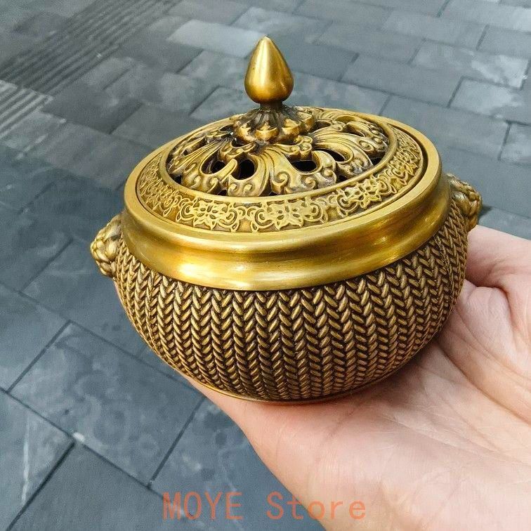 銅製 香炉 編み獅耳平底炉 香篆炉 香薫炉 香道具 装飾品 工芸品 置物