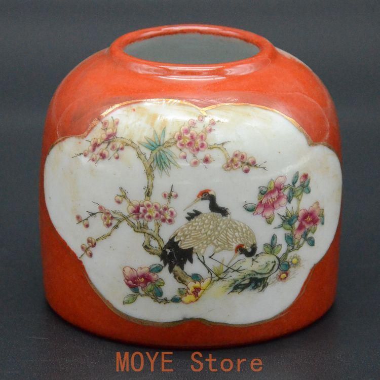 鶴筆洗い   美品 景徳鎮 陶磁器 工芸品 美術品 置物 景徳鎮 沙紅蒔花鳥仙鶴 小水滴 筆洗 書道具 文房具 現代工芸品 美術品