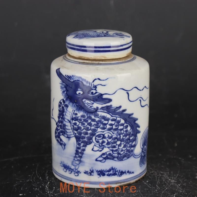 青花着花麒麟紋茶蓋缶  景徳鎮 陶磁器 装飾品 工芸品 美術品 置物 景徳鎮 青花麒麟文大皿 【商品番号m-so003】
