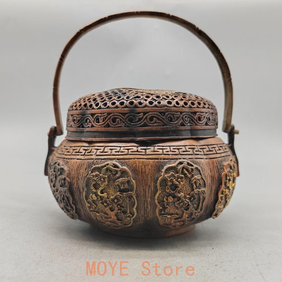 銅器 手炉暖 手炉 香炉 香篆身辺手暖炉 檀香 装飾品 工芸品 美術品 銅器 浮彫二仙香薫炉 手提げ暖手炉 香炉 香道具 装飾品 工芸品 置物