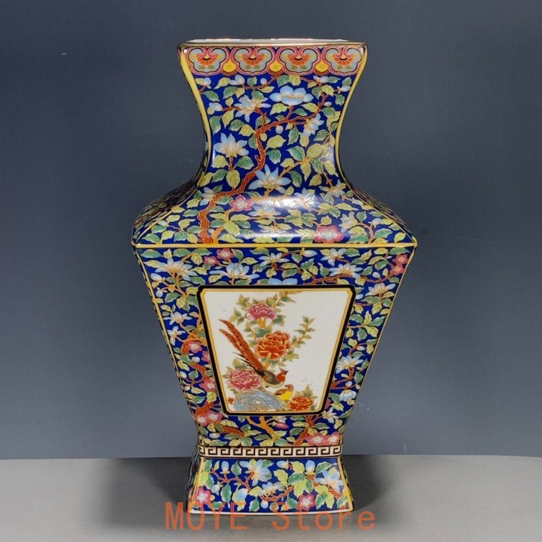 パステル琺瑯彩花鳥蒔絵四方尊瓶 景徳鎮 陶磁器 装飾品 現代工芸品