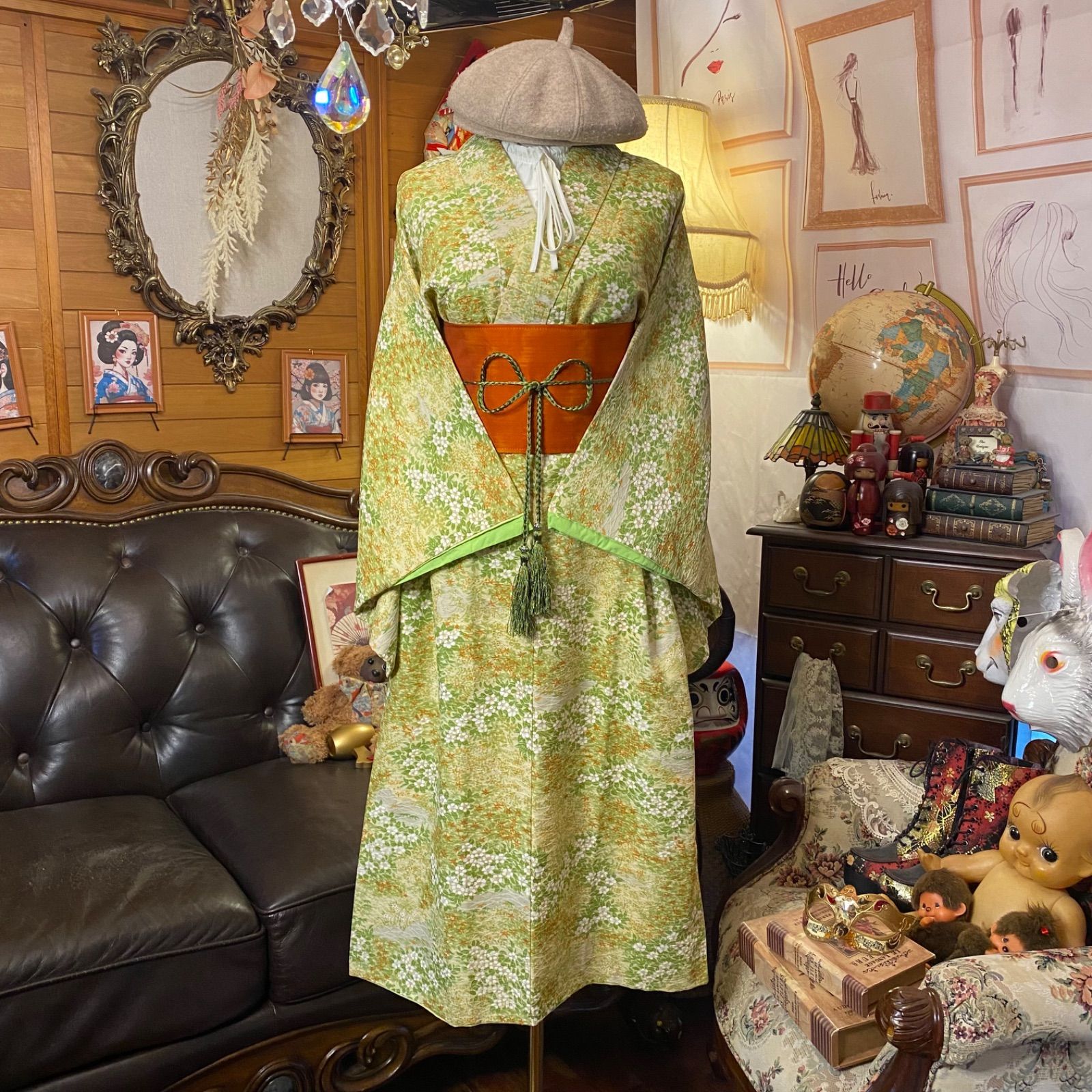 着物リメイク ワンピース ドレス セミロング 洗える 化繊 帯サッシュベルト 和洋折衷 レトロ 古着 ハンドメイド 清楚に舞う春の息吹 KW 1207