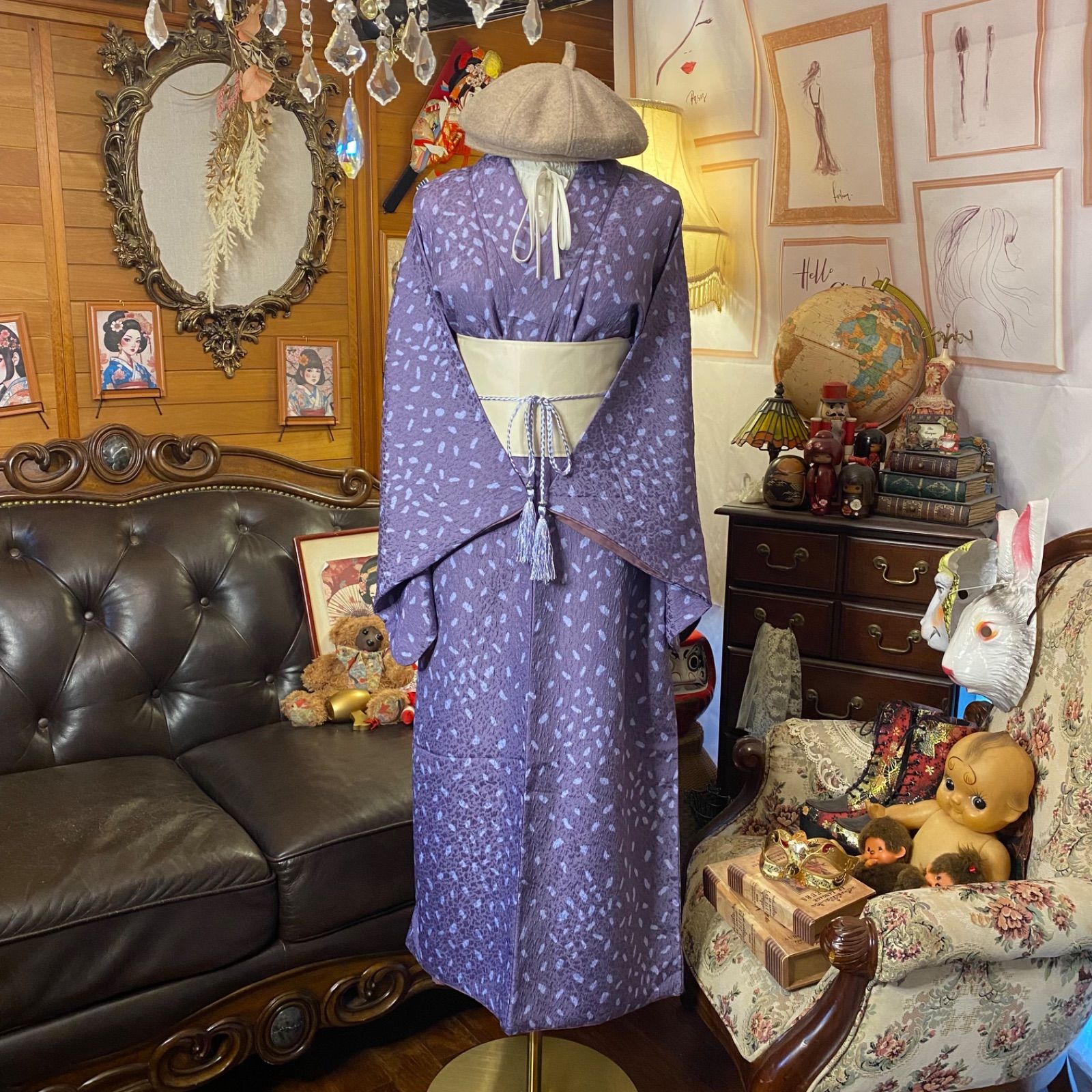 着物リメイク ワンピース ドレス ロング 洗える 化繊 帯サッシュベルト 和洋折衷 レトロ 古着 ハンドメイド 淑やかに凛と咲く KW 1208