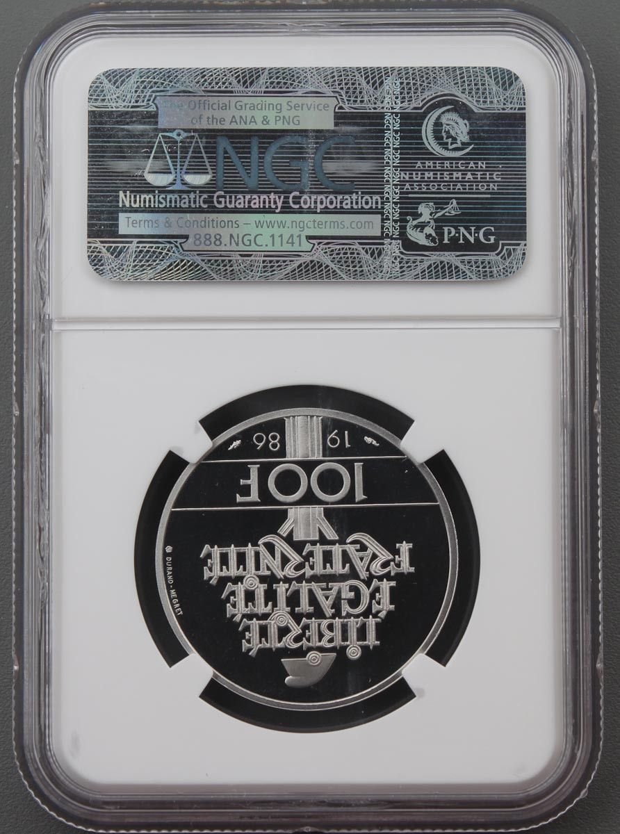 1986年 フランス 100フラン プルーフ プラチナコイン 自由の女神像 NGC