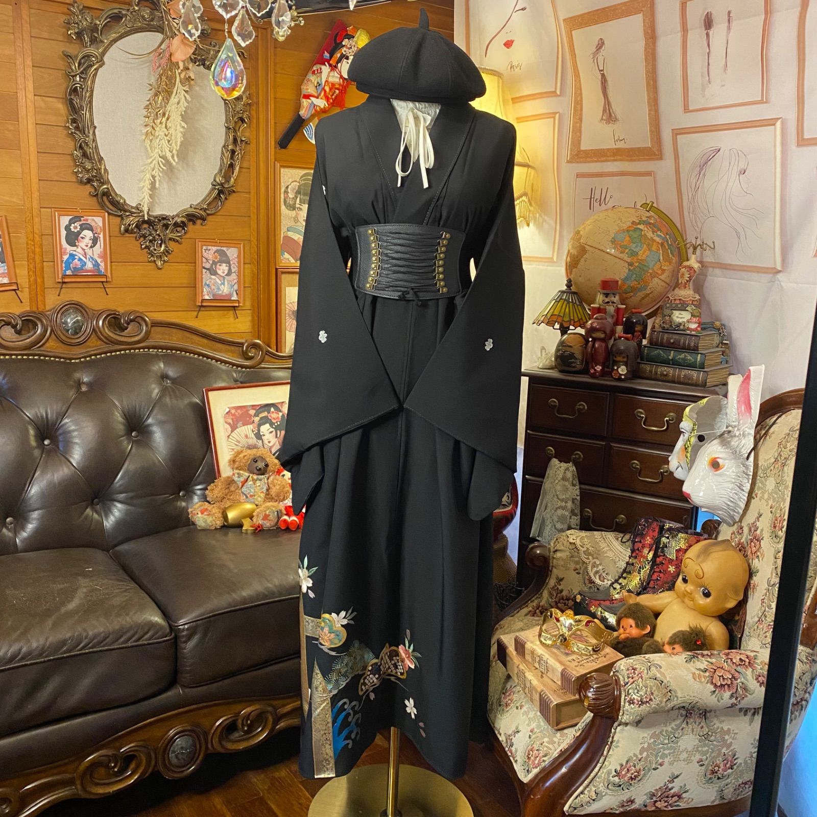 黒留袖 着物 リメイク ワンピース ドレス ロング 和洋折衷 洗える 化繊