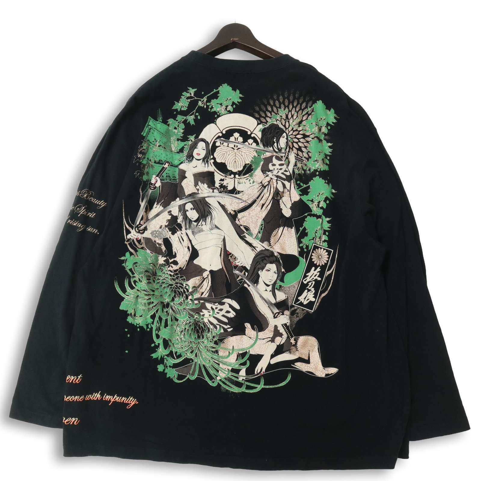 抜刀娘 ばっとうむすめ 刺繍 和柄 【葵 凛 穂乃花 結愛 四人衆】ラメ 長袖 ロンTシャツ Sz.4L メンズ 黒 大きいサイズ 特大