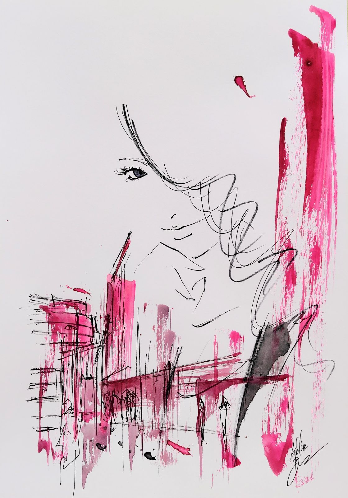 原画#142 女性画 ロサンゼルス 水彩画 ドローイング インテリア アート