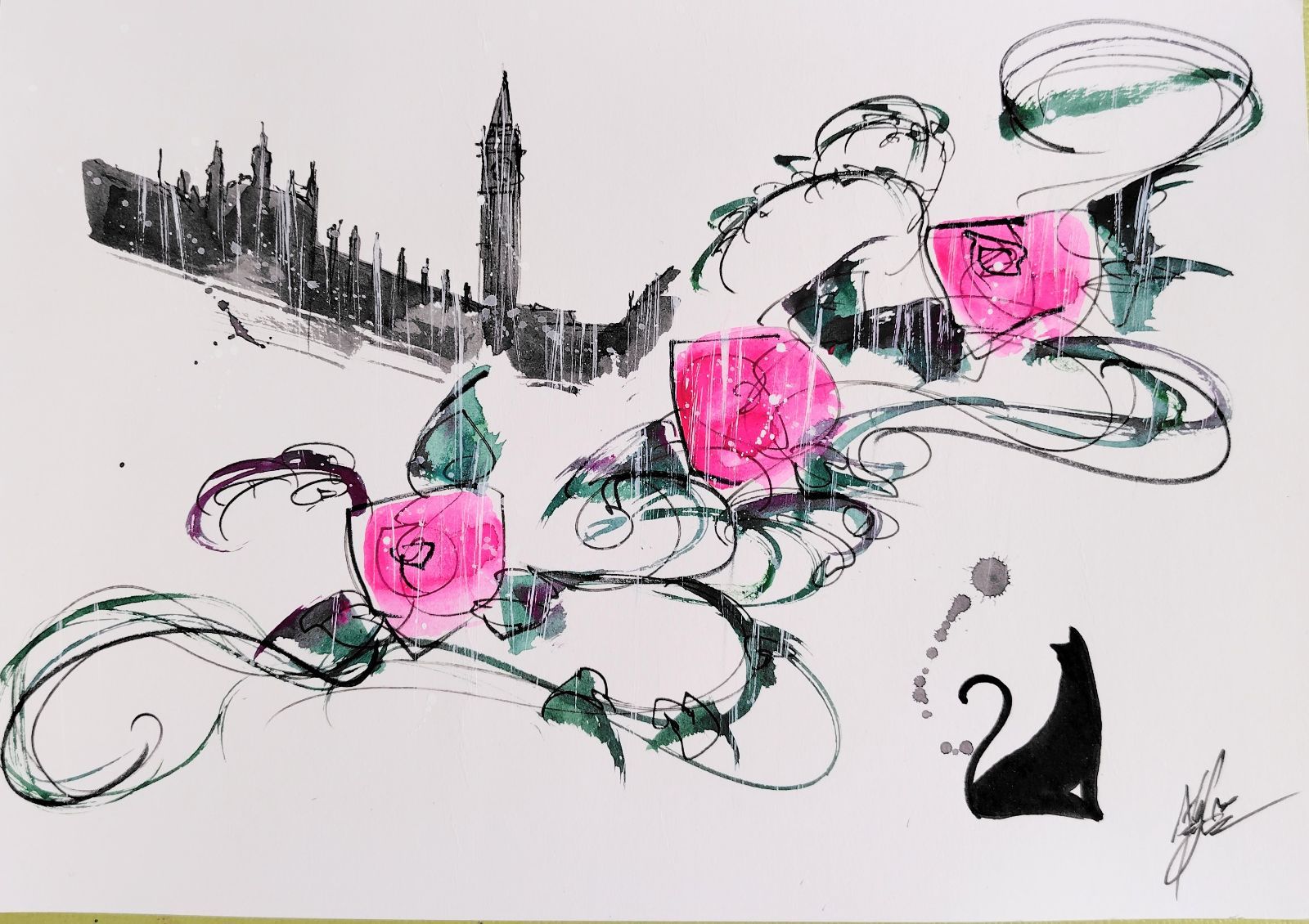 原画#144 黒猫 雨 薔薇 花 ロンドン アート水彩画 ドローイング