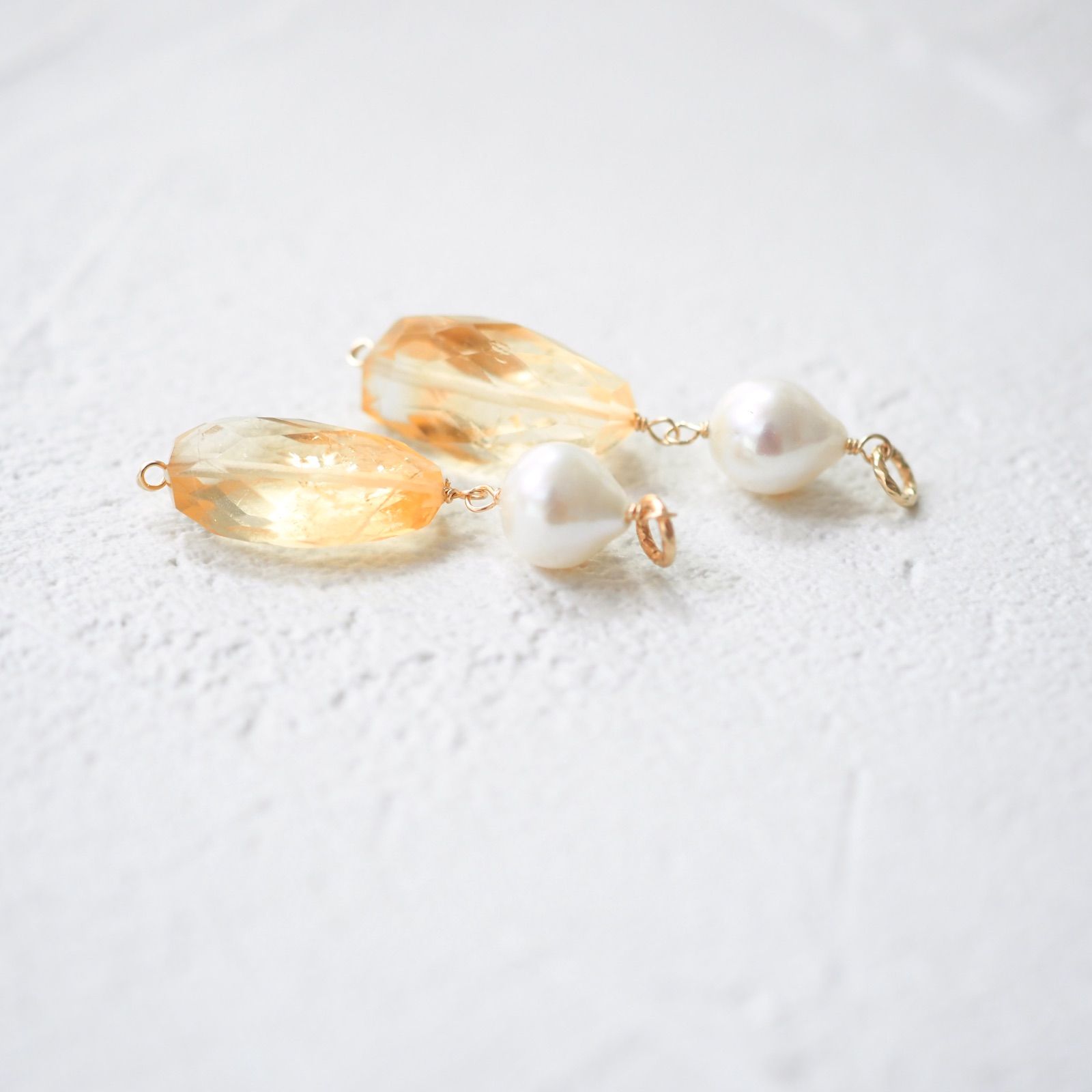 天然石 淡水パールとシトリンのピアス/イヤリングチャーム 14kgf