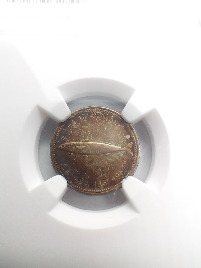 裏面ラベル剥がれ有り】NGC AU58 1967年 カナダ 10セント銀貨 カナダ 