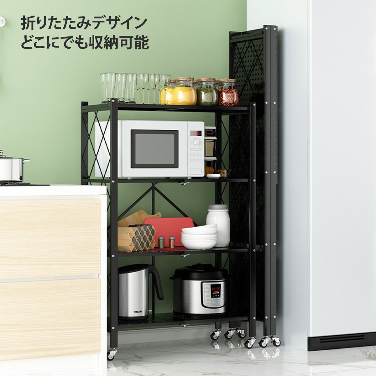 工具不要】折りたたみスチールラック 4段 キャスター付き 大容量収納