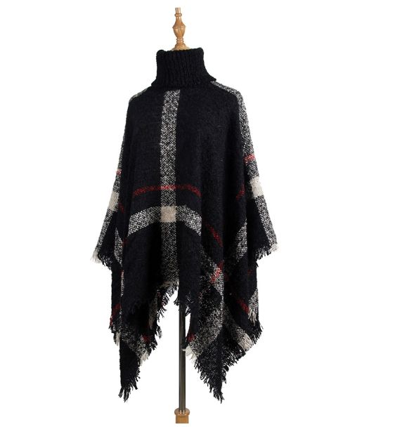ブラック】ポンチョ ケープ レディース ニット チェック フリンジ