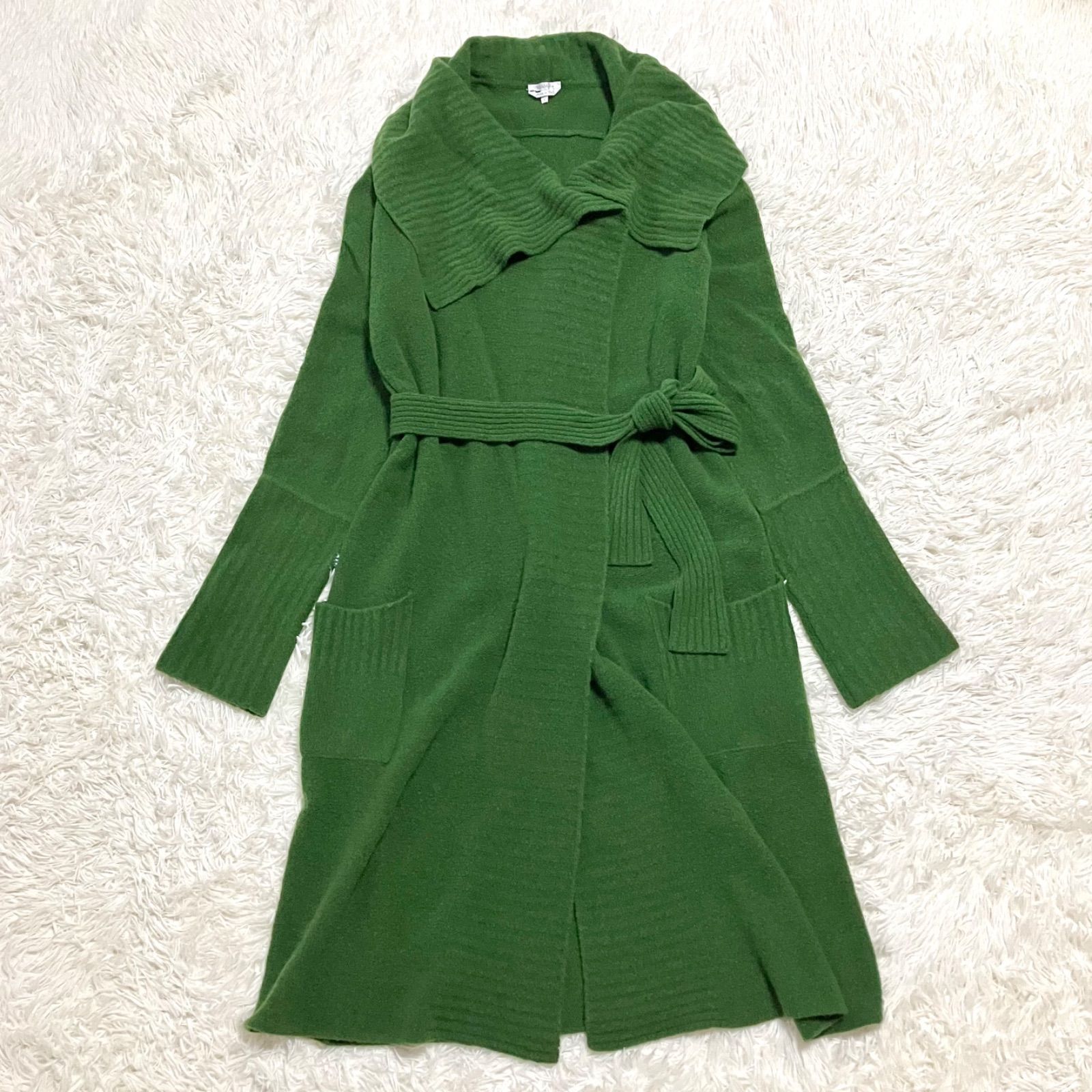 Max Mara 洗える アンゴラブレンドのロングカーディガン ベルト付き ガウンコート ニットコート リブデザイン ポケット付き イタリア製 白タグ グリーン Mサイズ相当