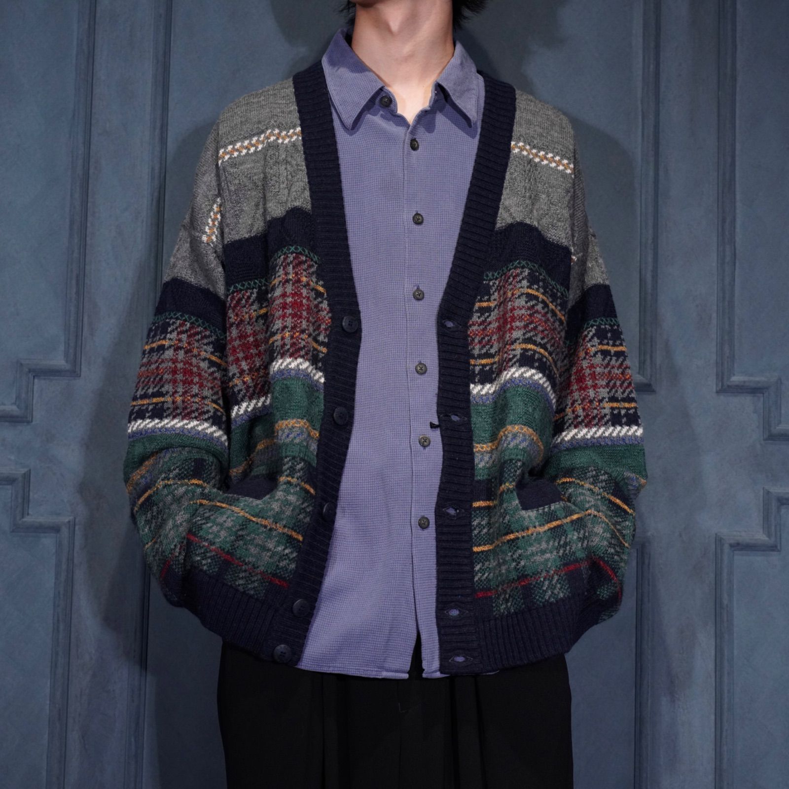 EU VINTAGE NAVIGARE CHECK PATTERNED DESIGN KNIT CARDIGAN 