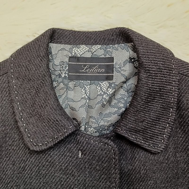 Leilian レリアン ステンカラーコート 9号 ウール グレー系 ロング