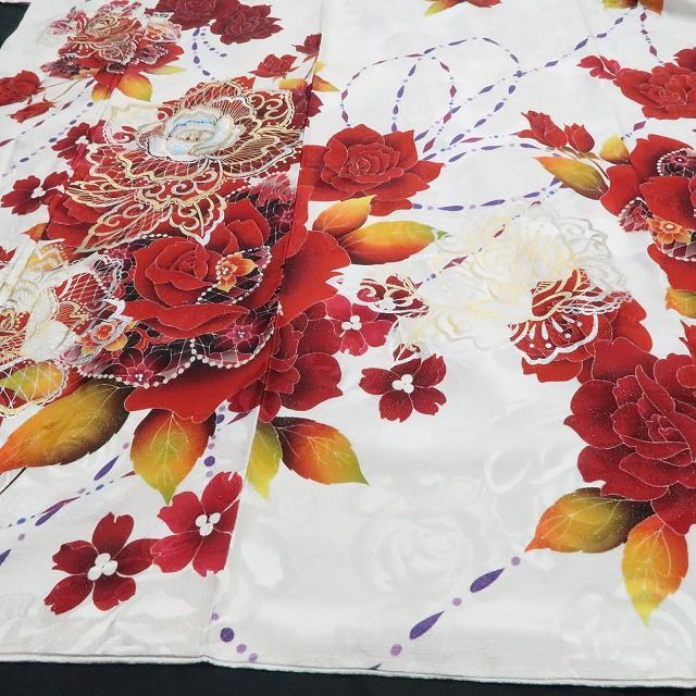 ❁tomihisa❁新品 薔薇 刺繍 着物 正絹 仕付け糸付 成人式”薔薇が