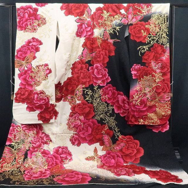 ❁tomihisa❁美品 希少トールサイズ 薔薇 銀通し 着物 成人式”晴れの日