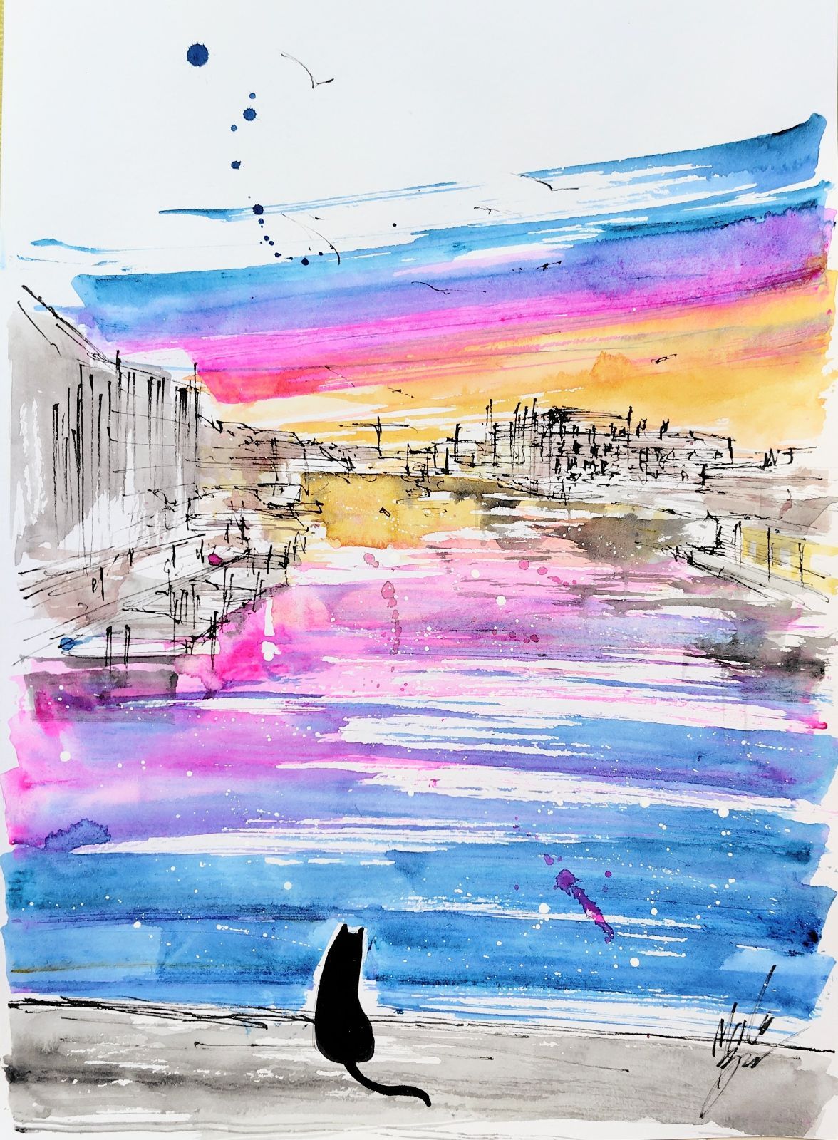 原画#145 黒猫 夕暮れ ベネチア イタリア 水彩画 ドローイング