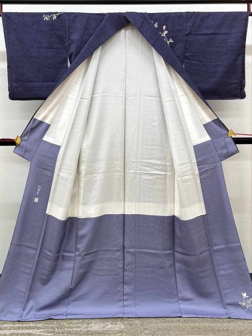 二代目 由水十久 加賀友禅 訪問着 紬地 正絹 釣鐘蔓 躾糸付き A152