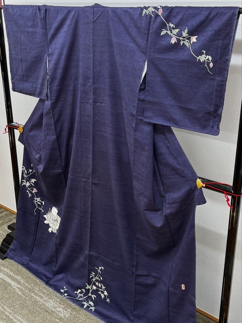 二代目 由水十久 加賀友禅 訪問着 紬地 正絹 釣鐘蔓 躾糸付き A152