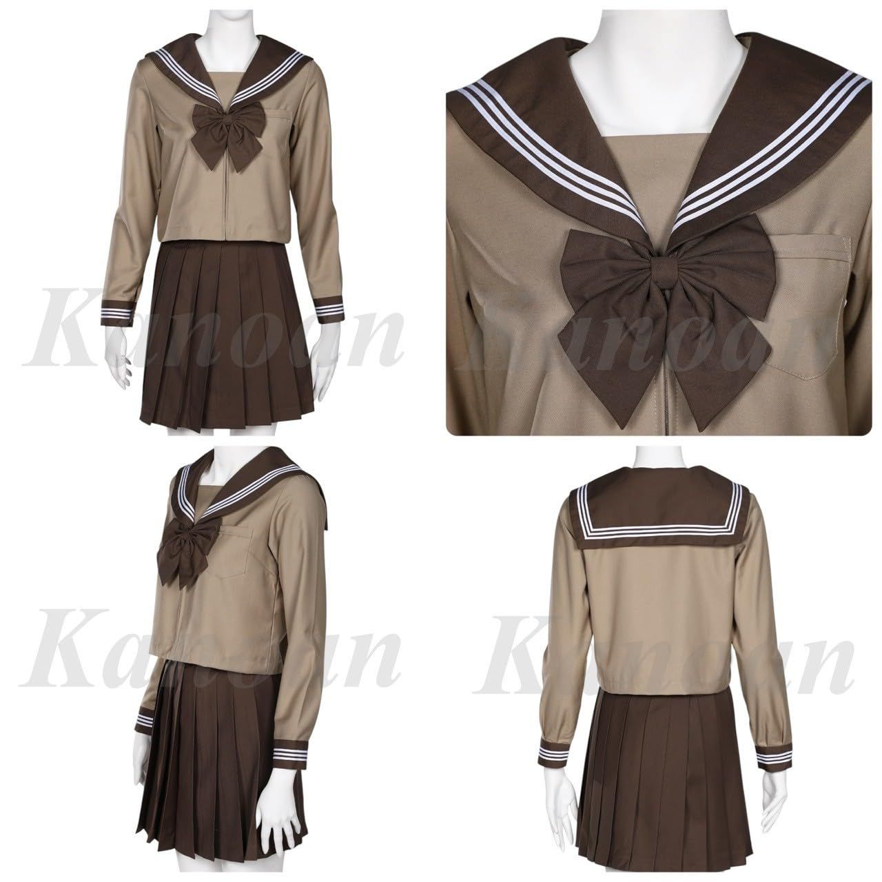 セーラー制服 ホワイト/ダークブラウン Kanoan] 3点セット セーラー服 長袖 ブラウン 茶色 コーヒー 白 3本