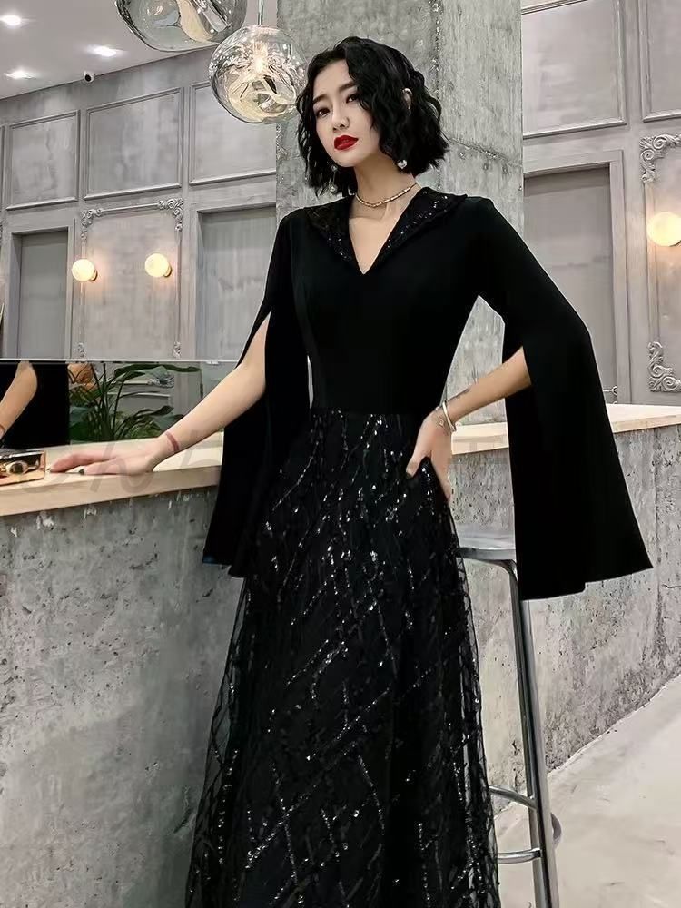 おしゃれ ロング ドレス パーティードレス 個性的 黒 袖あり