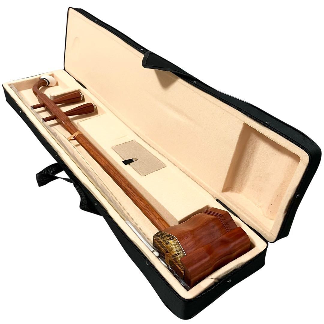 未使用】 蘇州二胡 紅木 胡弓 ヘビ皮 弦楽器 セミハードケース付き