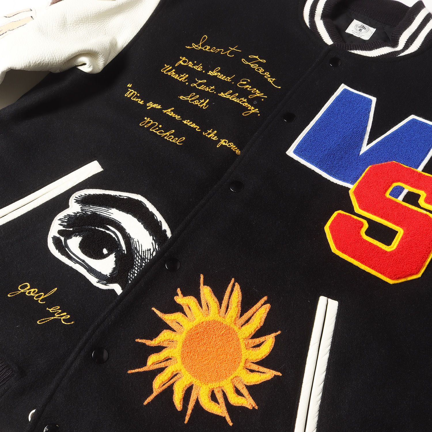 SAINT MICHAEL セントマイケル ジャケット ブラック 黒 サイズ:L | 21SS DENIM TEARS 袖レザー メルトン スタジャン (STDIUM JACKET) | アウター ブルゾン ジャンパー 上着【メンズ】【中古】【美品】【K4610】 SAINT MICHAEL セントマイケル ジャケット ブラック 黒 サイズ:L