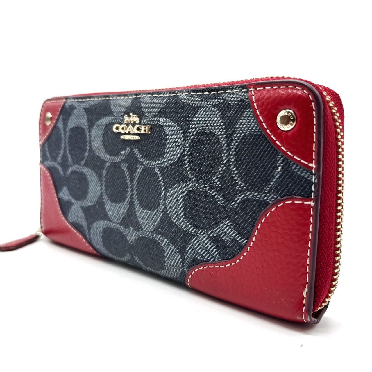 COACH Y 2 K signature denim blue red leather long wallet unisex コーチ 長財布