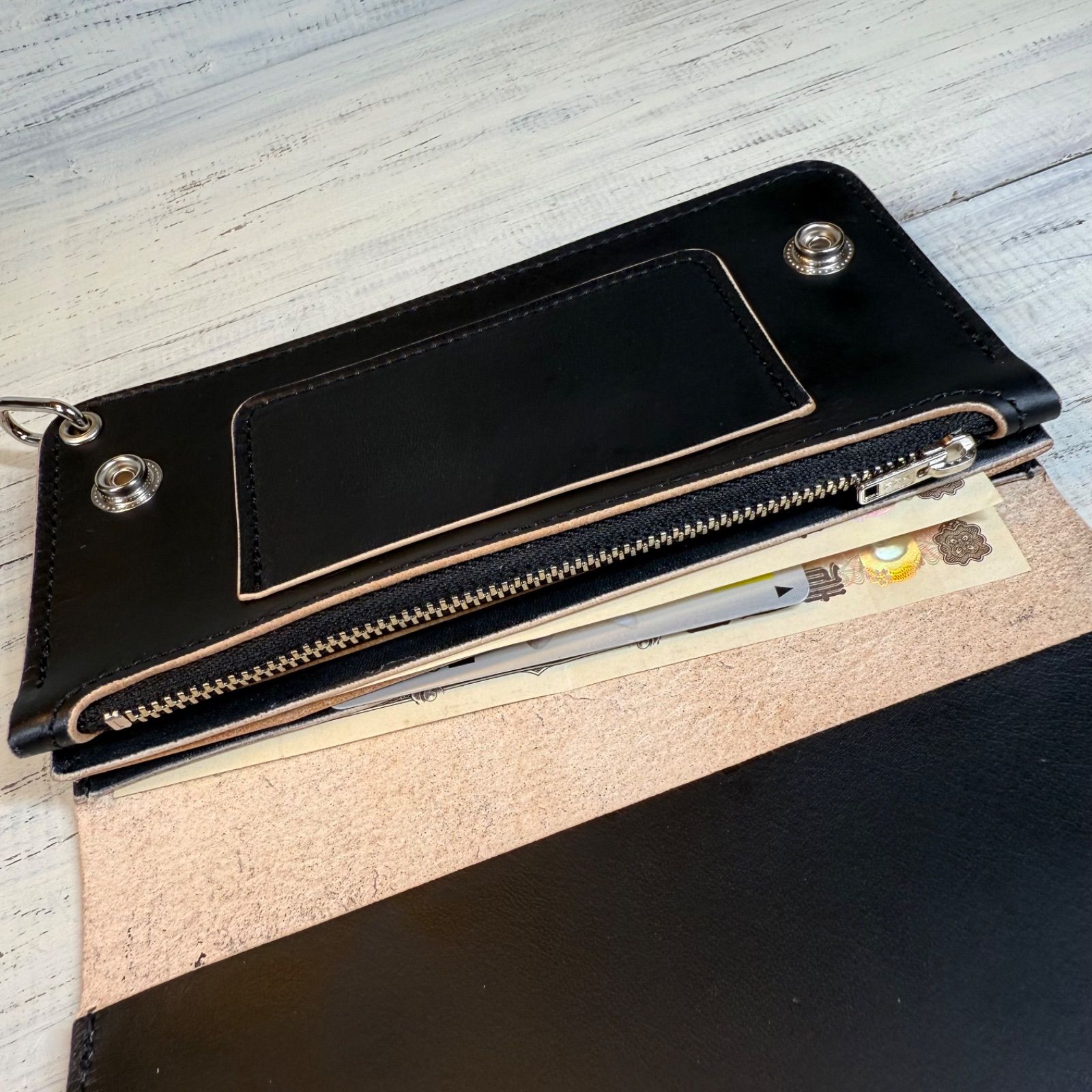 トラッカーウォレット ロング 3層】 ブラック 姫路レザー シルバー YKK