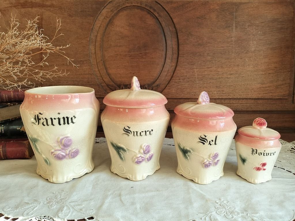 フランス アンティーク 花柄 陶器 キャニスター 4点セット - メルカリ
