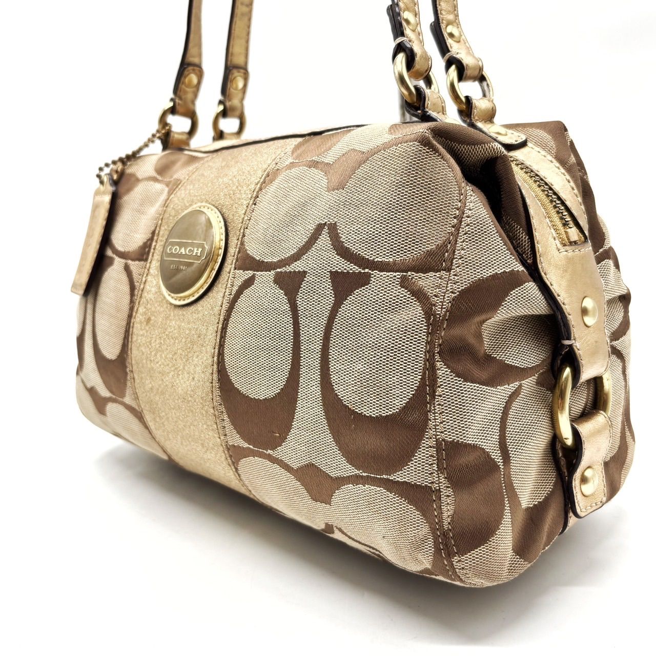 COACH Y 2 K big signature beige brown canvas g leather logo plate hand bag unisex コーチ ハンドバッグ