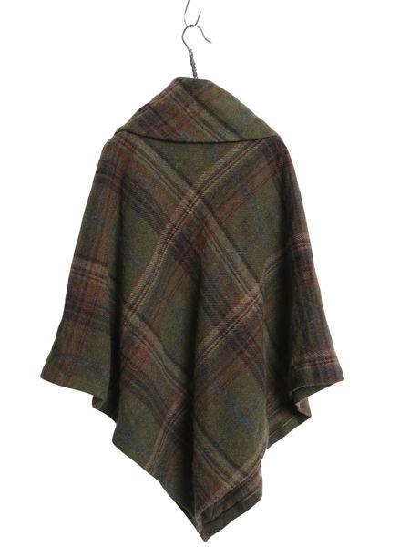 美品POLO RALPH LAURENチェック柄ポンチョ ケープ ウール ラグビー ラルフローレン ラム ウール アルパカ ポンチョ レディース