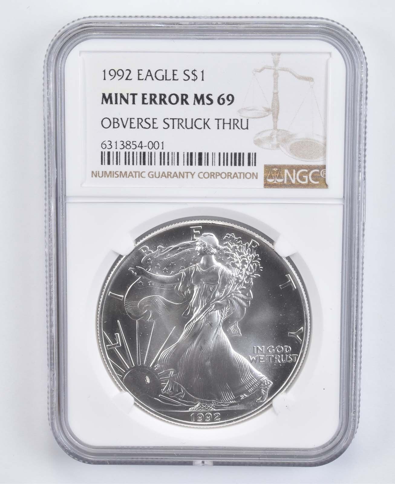 MS69 ミントエラー 1992 アメリカンシルバーイーグル - 表面貫通刻印