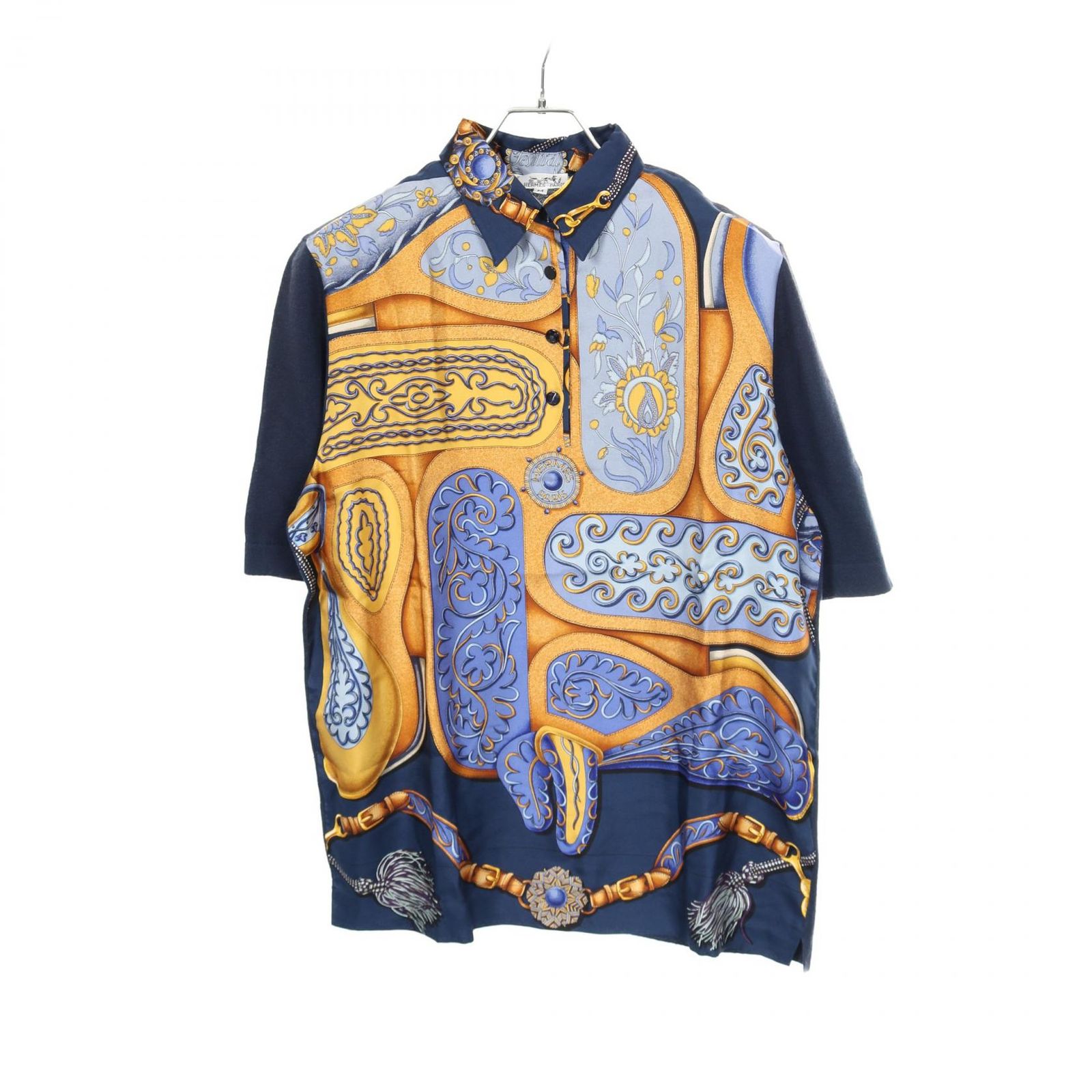 エルメス HERMES ニット ブルー シルク コットン スカーフニットシャツ レディース B