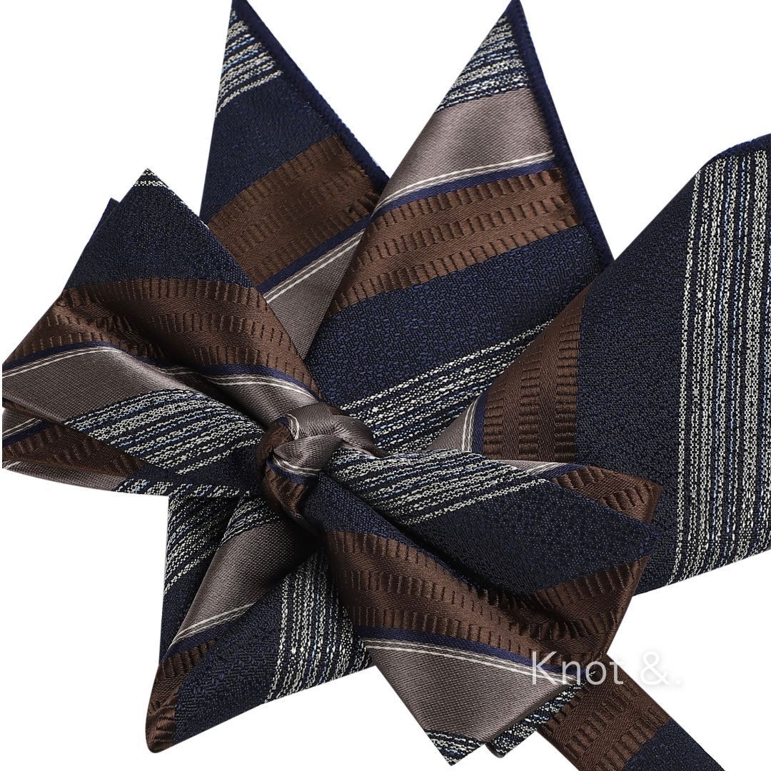 蝶ネクタイ ブラウン ネイビー 】ポケットチーフ付き 2点セット