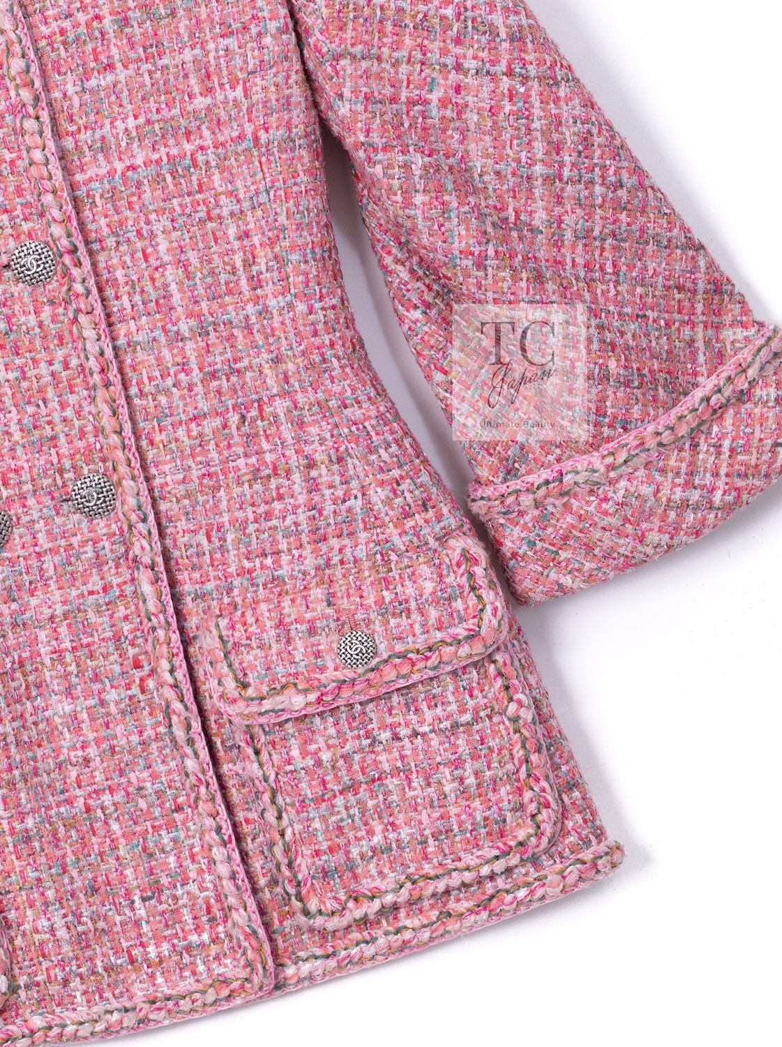 シャネル ジャケット CHANEL ピンク ダブル ノーカラー ツイード ココ