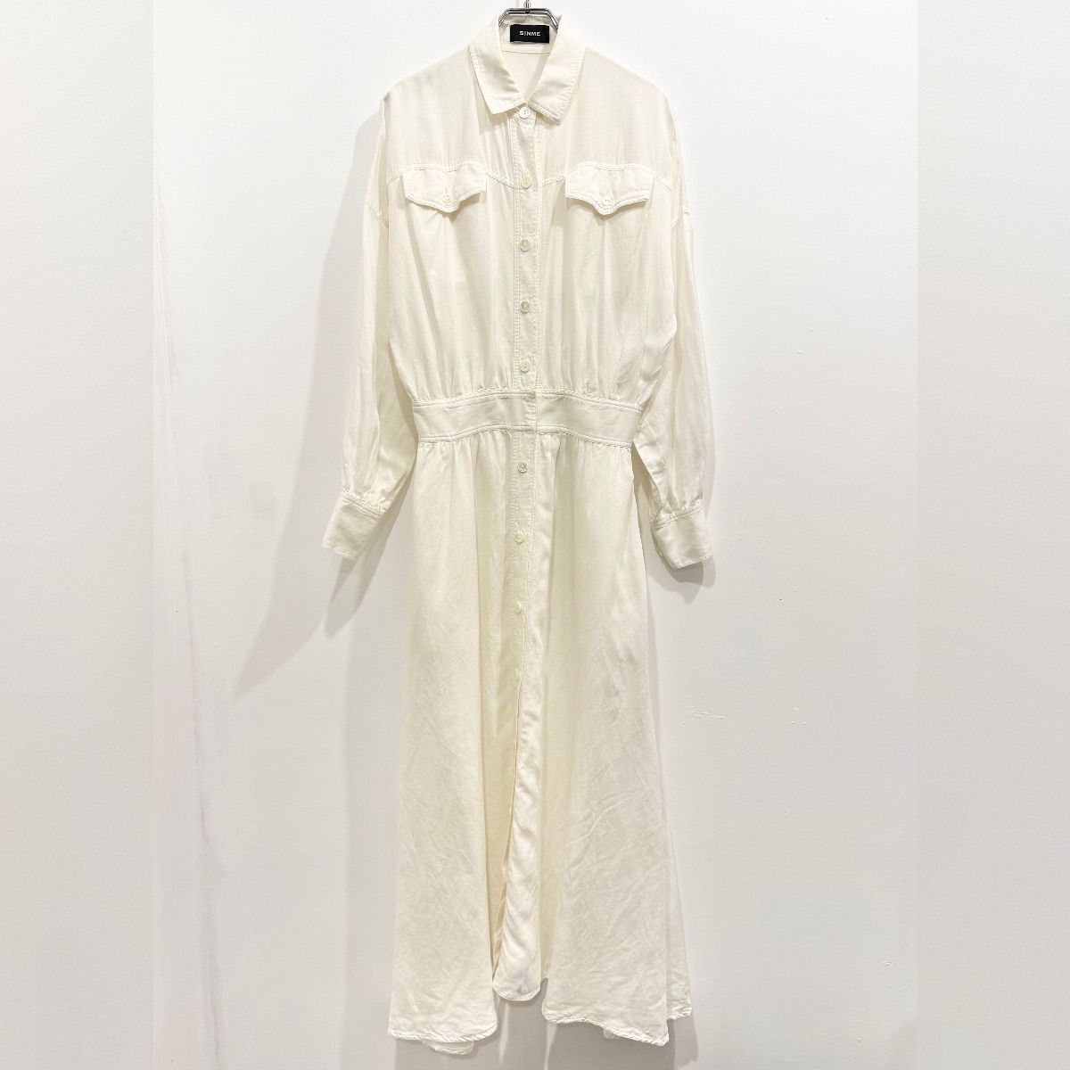 SINME シンメ シャツワンピース ギャザー ホワイト テンセル 麻 日本製 サイズS み