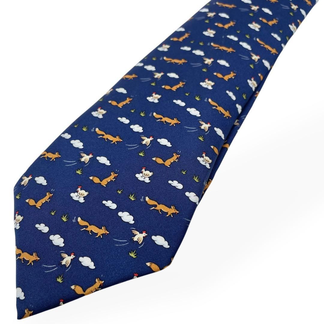 極美品 HERMES エルメス ネクタイ アニマル柄 ネイビーブルー シルク