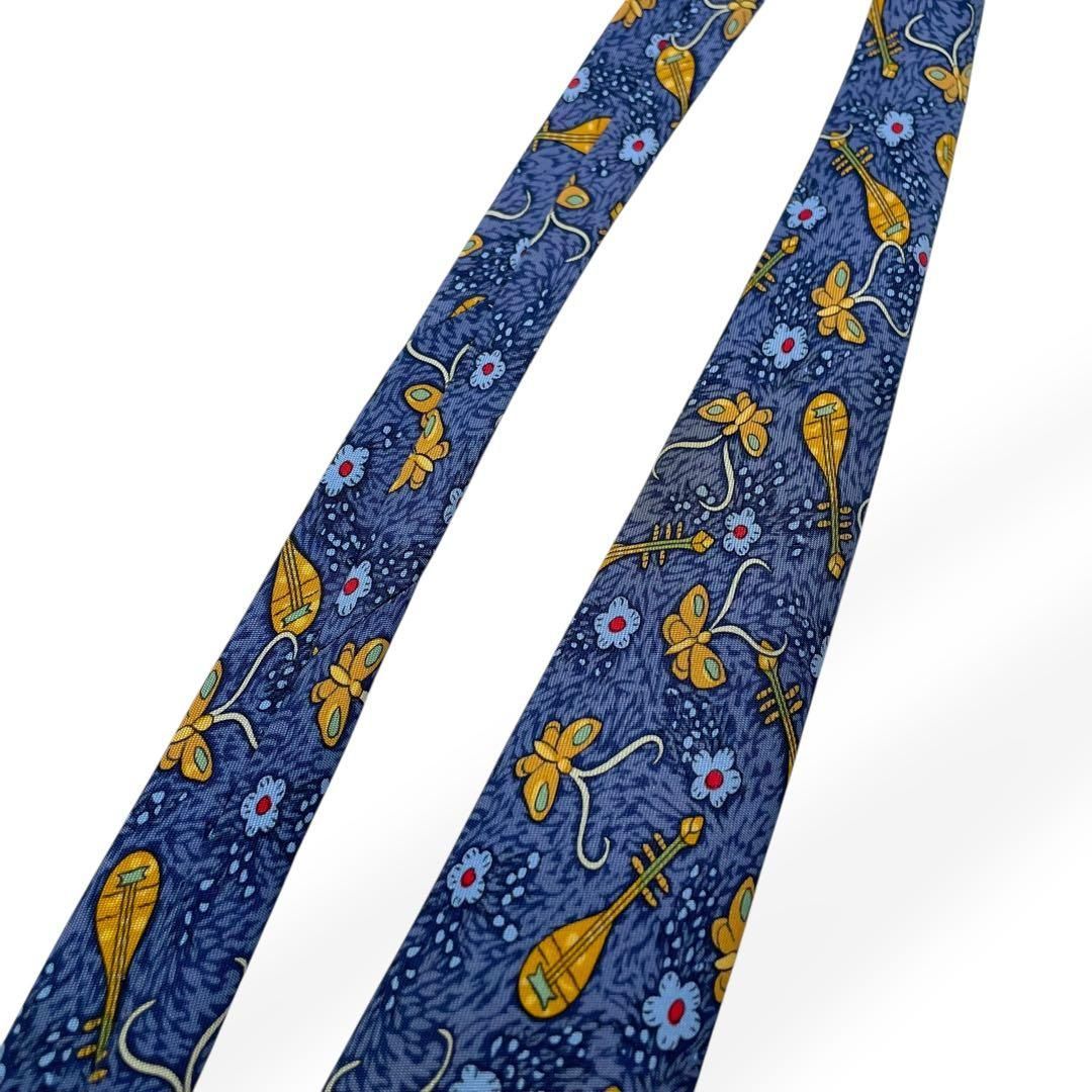 極美品 HERMES エルメス ネクタイ ブルー 総柄 楽器 蝶 シルク100