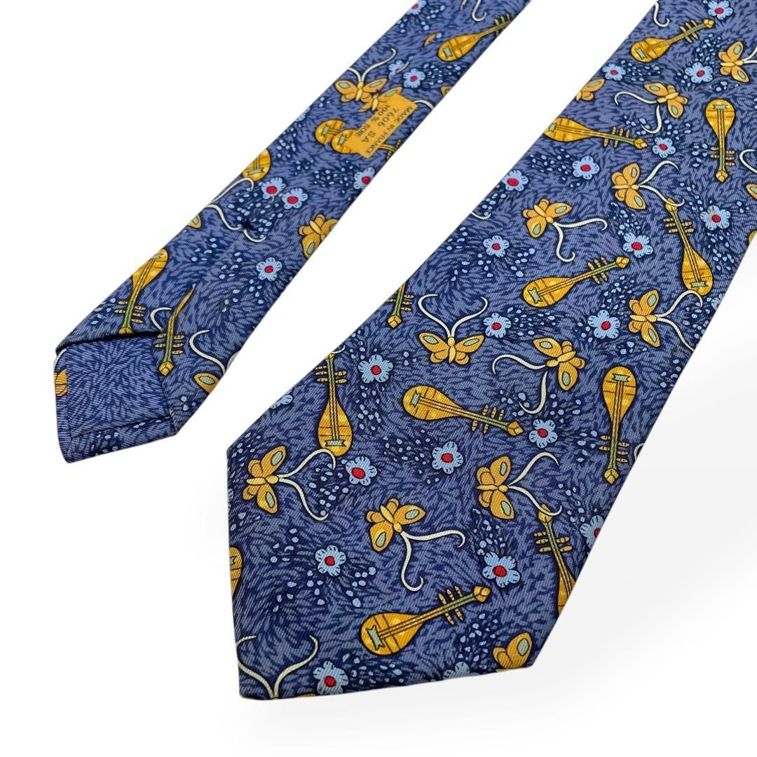 極美品 HERMES エルメス ネクタイ ブルー 総柄 楽器 蝶 シルク100