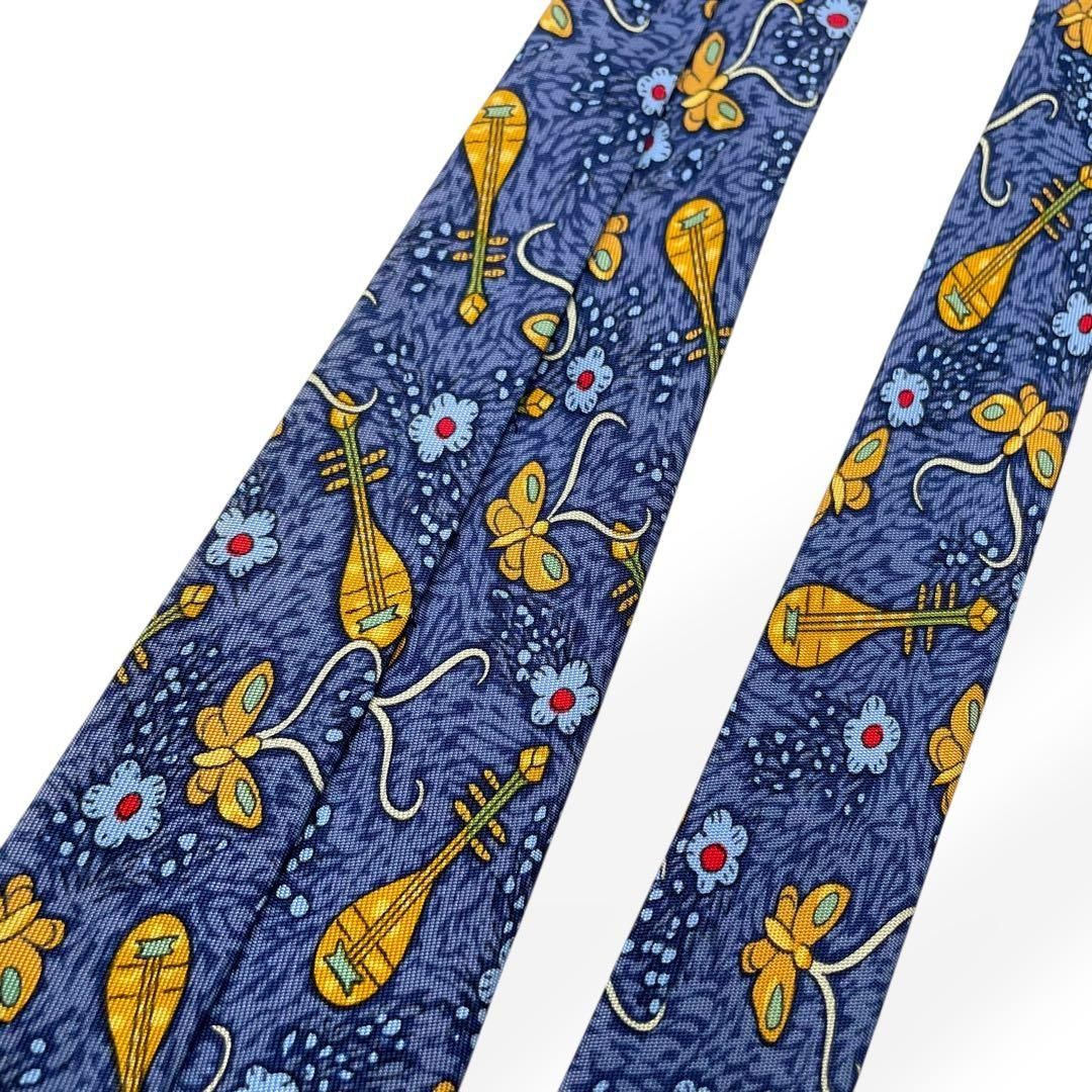 極美品 HERMES エルメス ネクタイ ブルー 総柄 楽器 蝶 シルク100