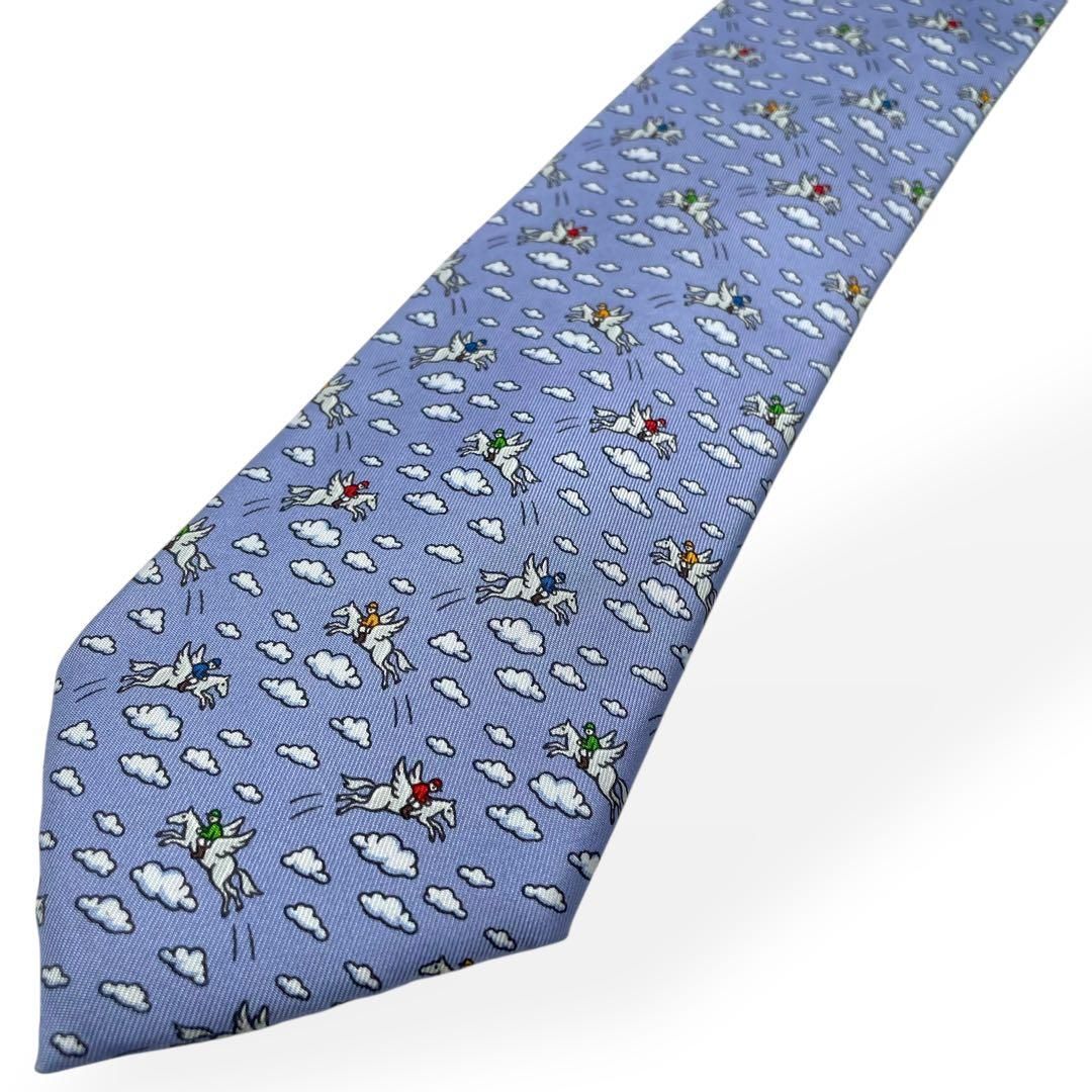 【極美品】エルメス ネクタイ 総柄 スカーフモチーフ ブルー イエロー ホワイト 極美品 HERMES エルメス ネクタイ ブルー ペガサス 人気柄 シルク100