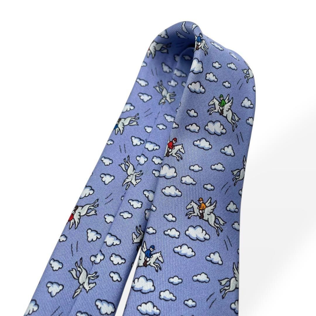 極美品 HERMES エルメス ネクタイ ブルー ペガサス 人気柄 シルク100